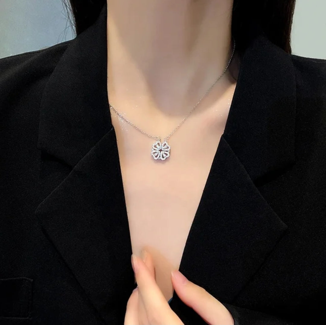 Anti Tarnish Mangnetic Elegant Heart & Clover Golden Necklace Set with Crystal Accents Chain