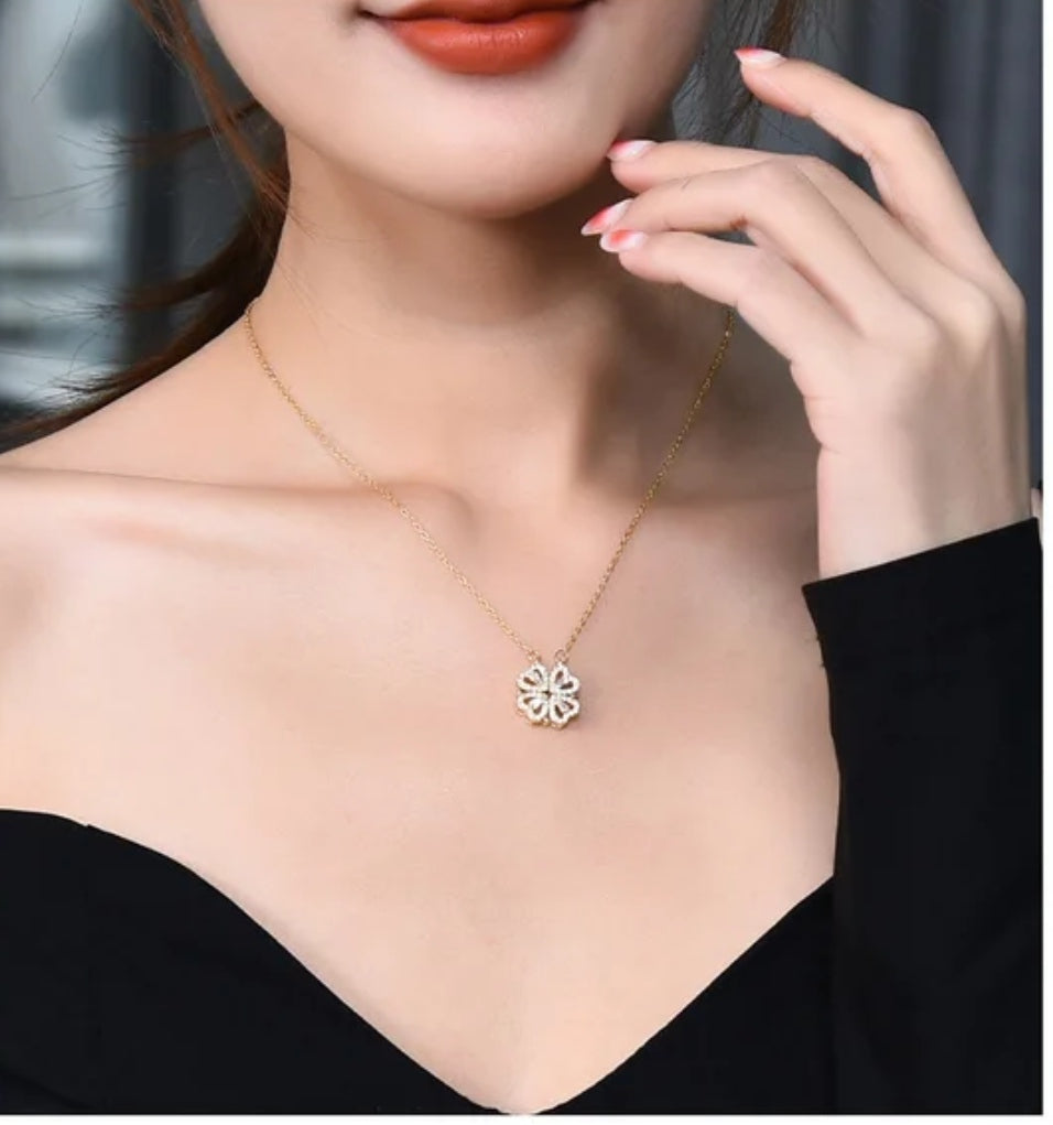 Anti Tarnish Mangnetic Elegant Heart & Clover Golden Necklace Set with Crystal Accents Chain