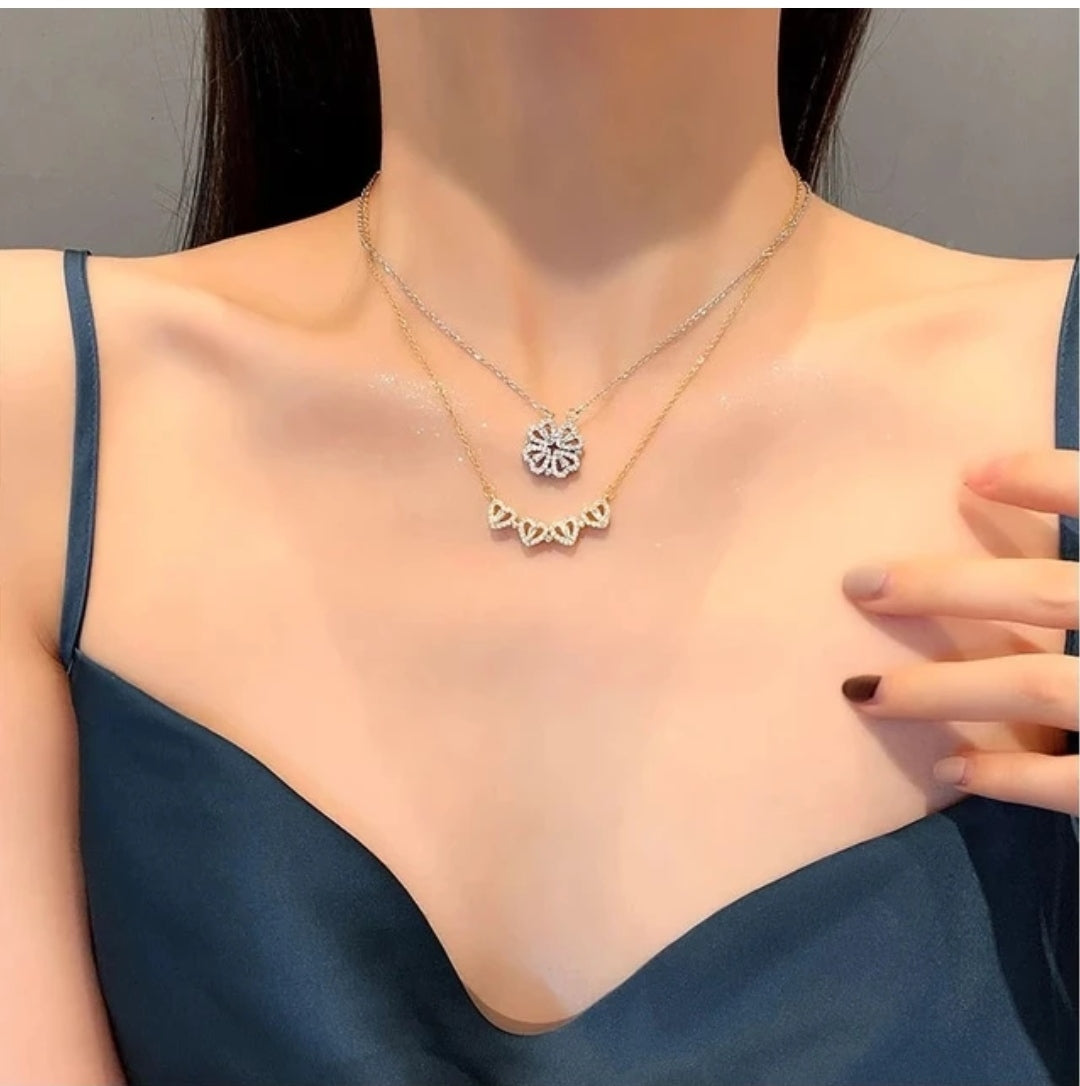 Anti Tarnish Mangnetic Elegant Heart & Clover Golden Necklace Set with Crystal Accents Chain