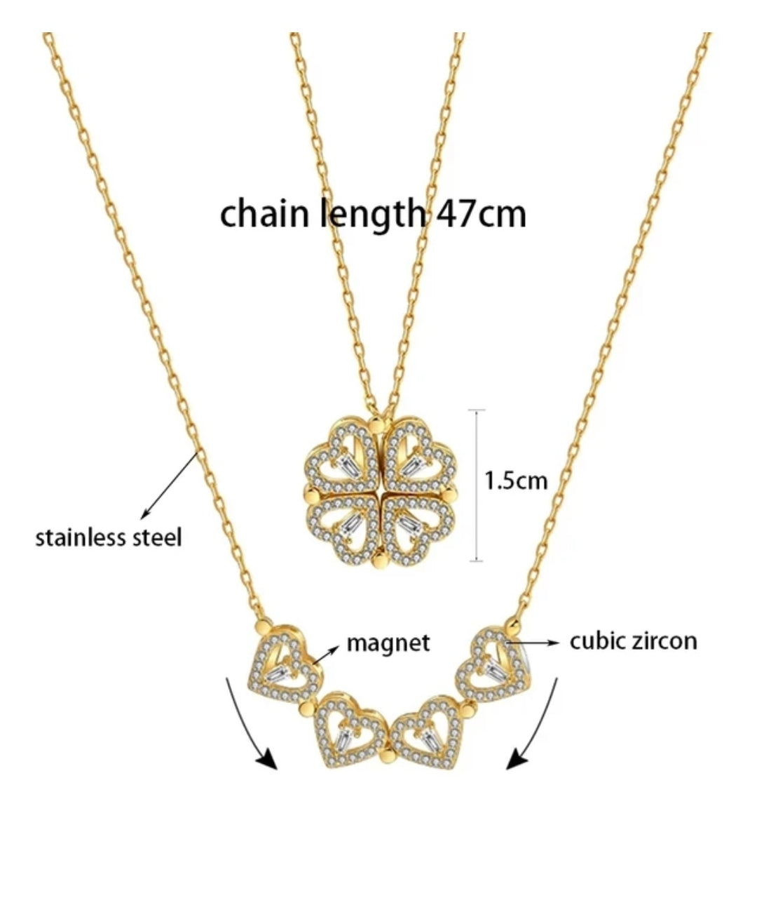 Anti Tarnish Mangnetic Elegant Heart & Clover Golden Necklace Set with Crystal Accents Chain