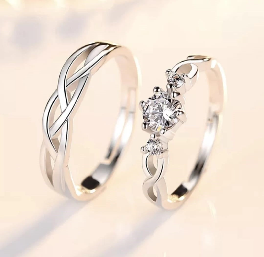CZ Stones Studded Stainless Steel Adjustable Size Couple Ring Set