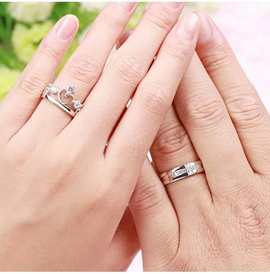 CZ Stones Studded Stainless Steel Adjustable Size Couple Ring Set