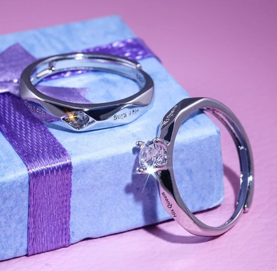 CZ Stones Studded Stainless Steel Adjustable Size Couple Ring Set