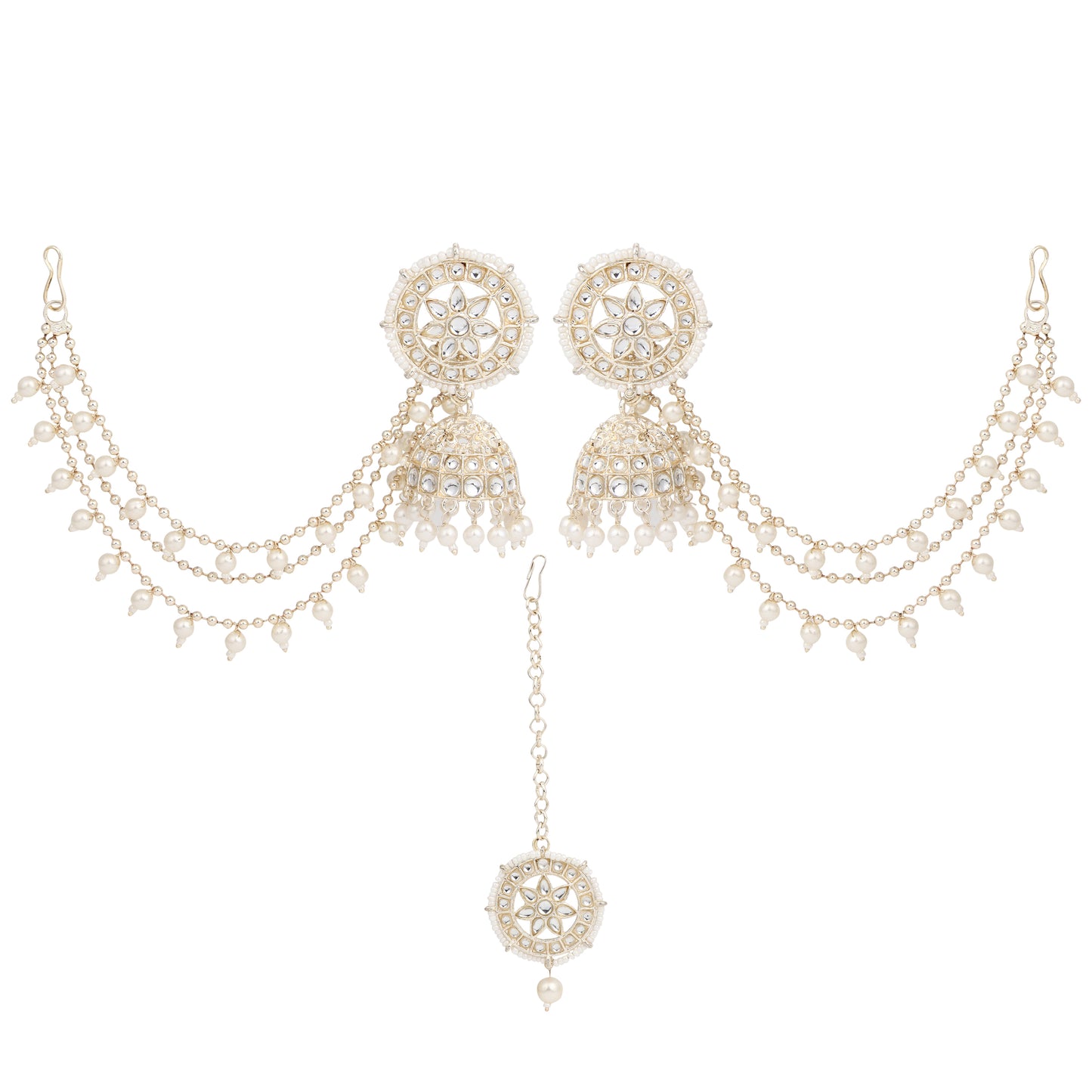 Elegant Kundan & Pearl Jhumka Bahubali Earrings Set with Maang Tikka - Traditional Bridal Jewelry for Festive Occasions