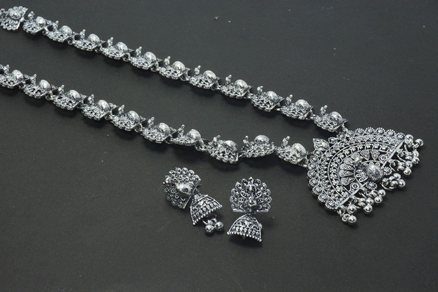 Oxidised Long Peacock Necklace Choker Set With Earrings