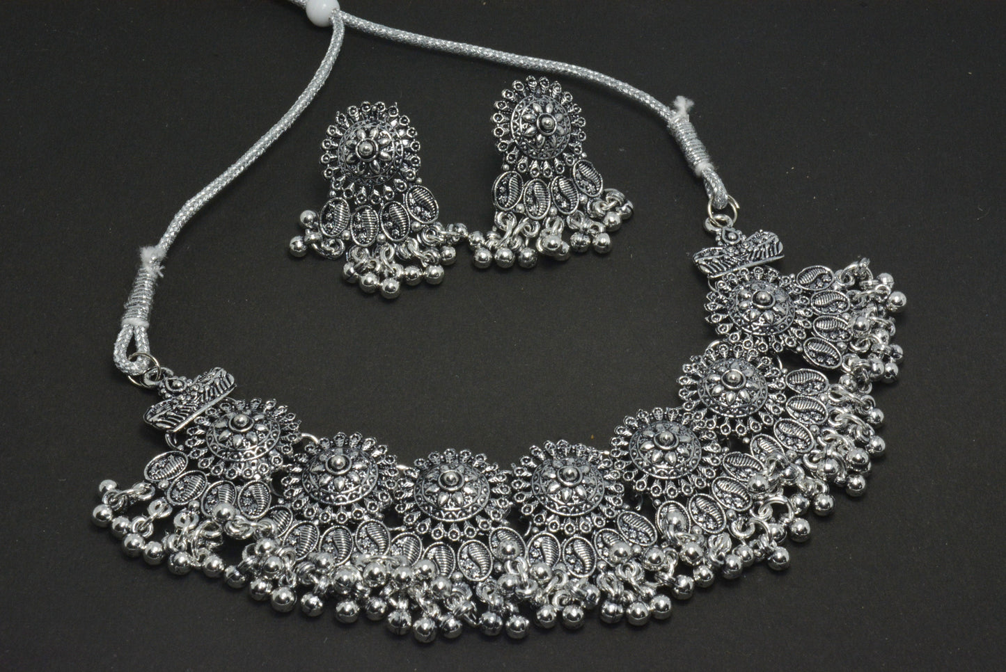 Oxidised Designer Adjustable Drawstring Necklace Choker Set With Earrings