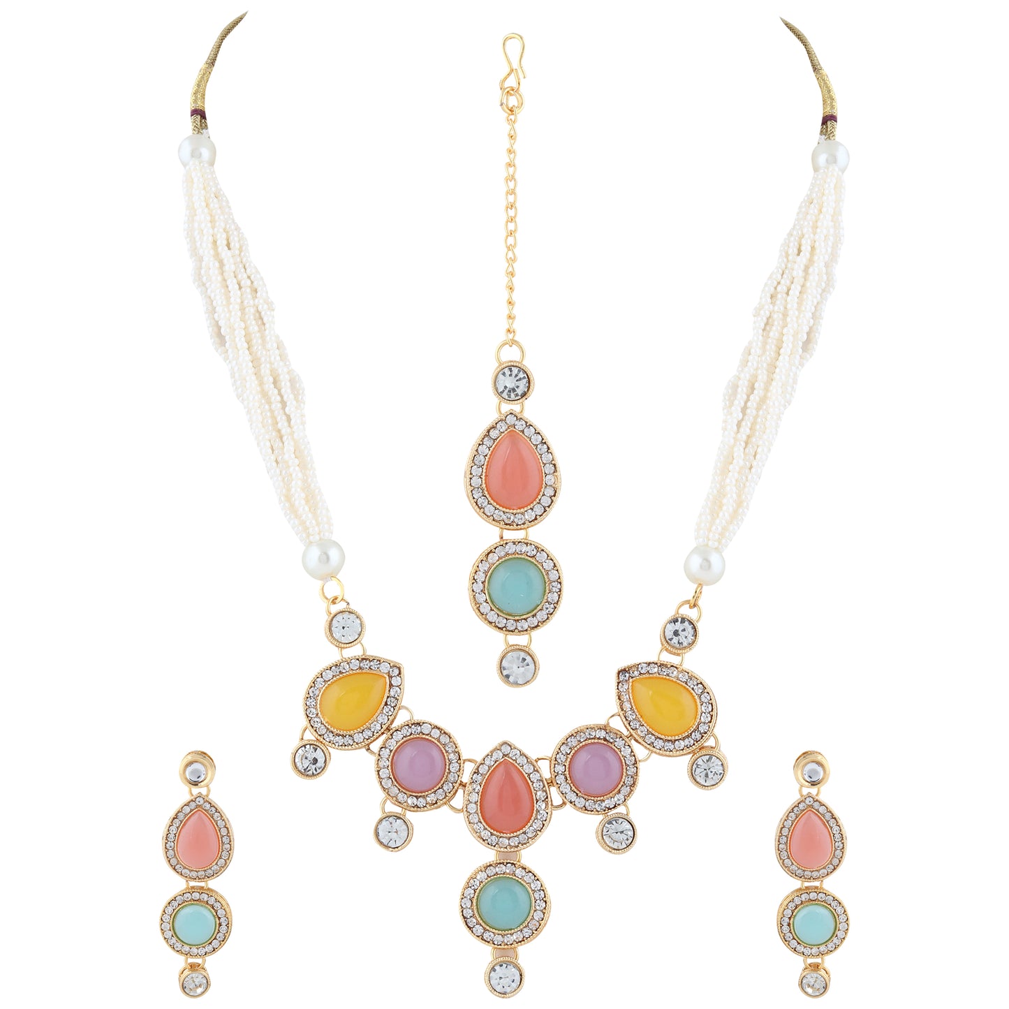 Multicolor Kundan Necklace and Earring Set With Pearl Mala – Traditional Indian Jewelry for Women