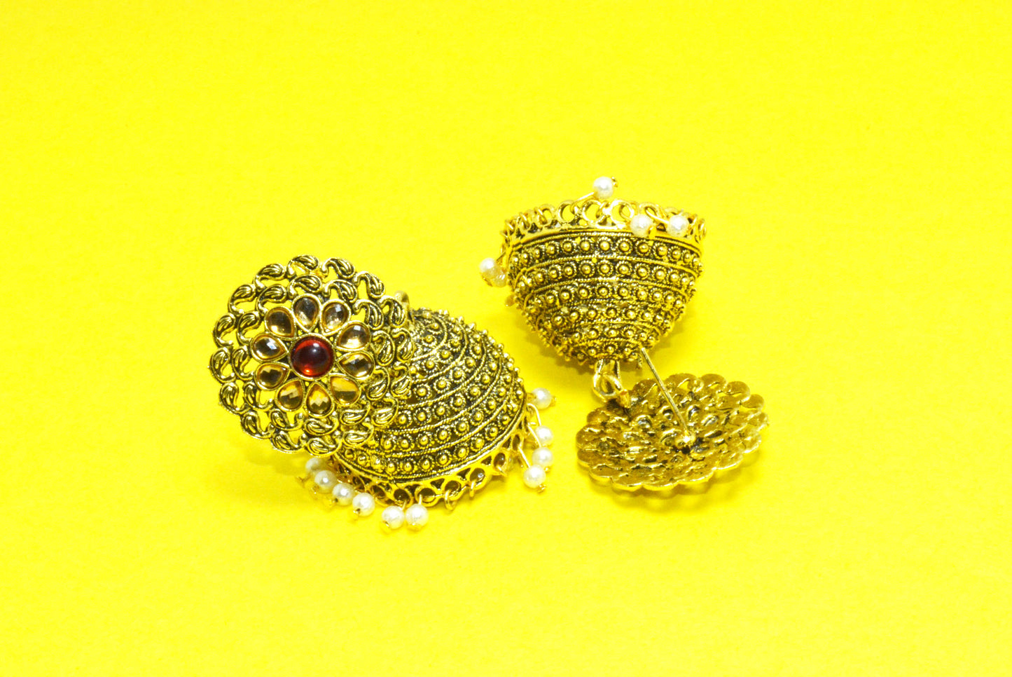 Stones Studded Dome Style Golden Jhumki Drop Push Plugs Earrings