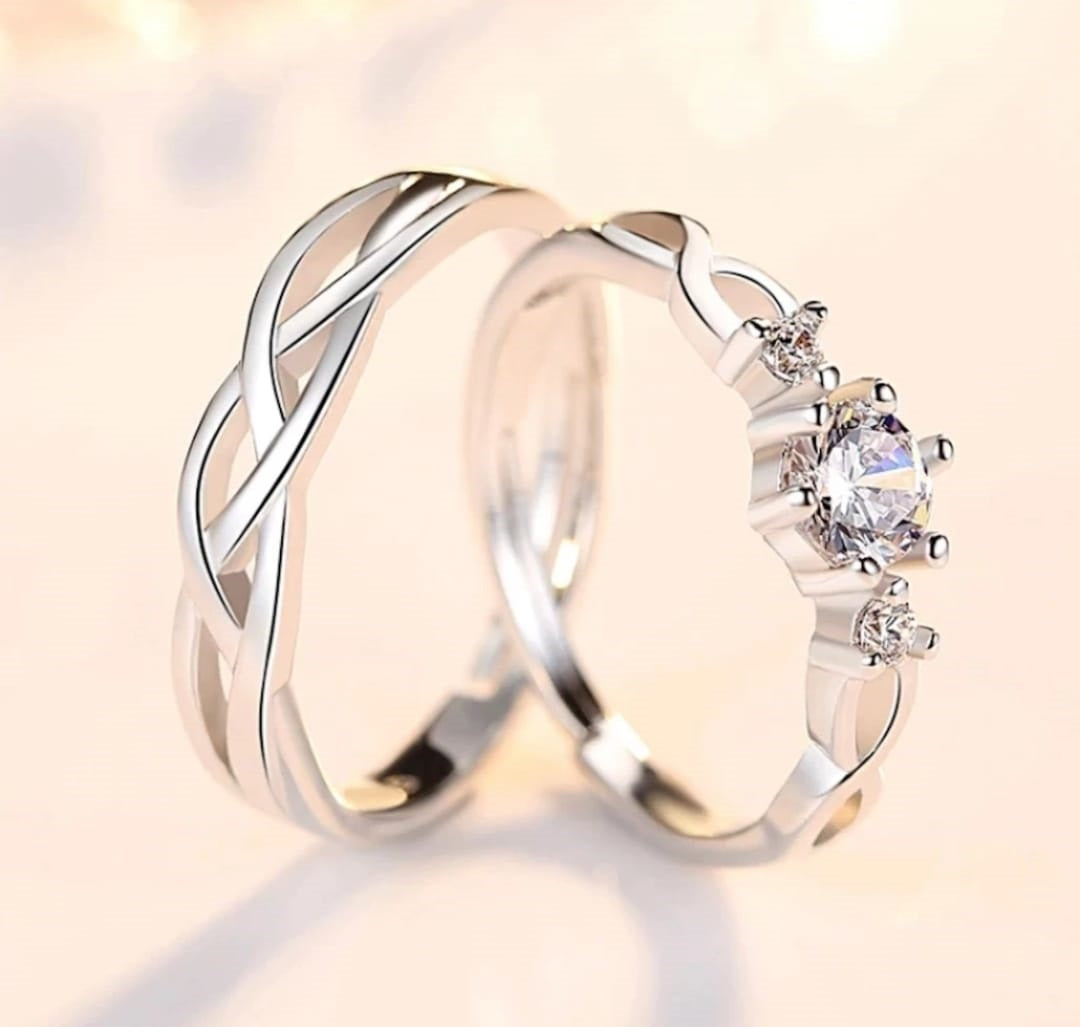 CZ Stones Studded Stainless Steel Adjustable Size Couple Ring Set