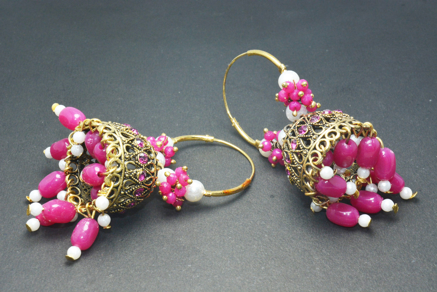 Premium Stones Studded Beads Hangings Hoop Jhumka Earrings