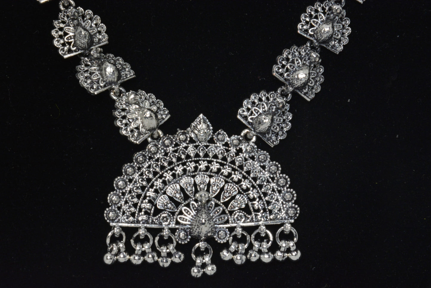 Oxidised Long Peacock Necklace Choker Set With Earrings