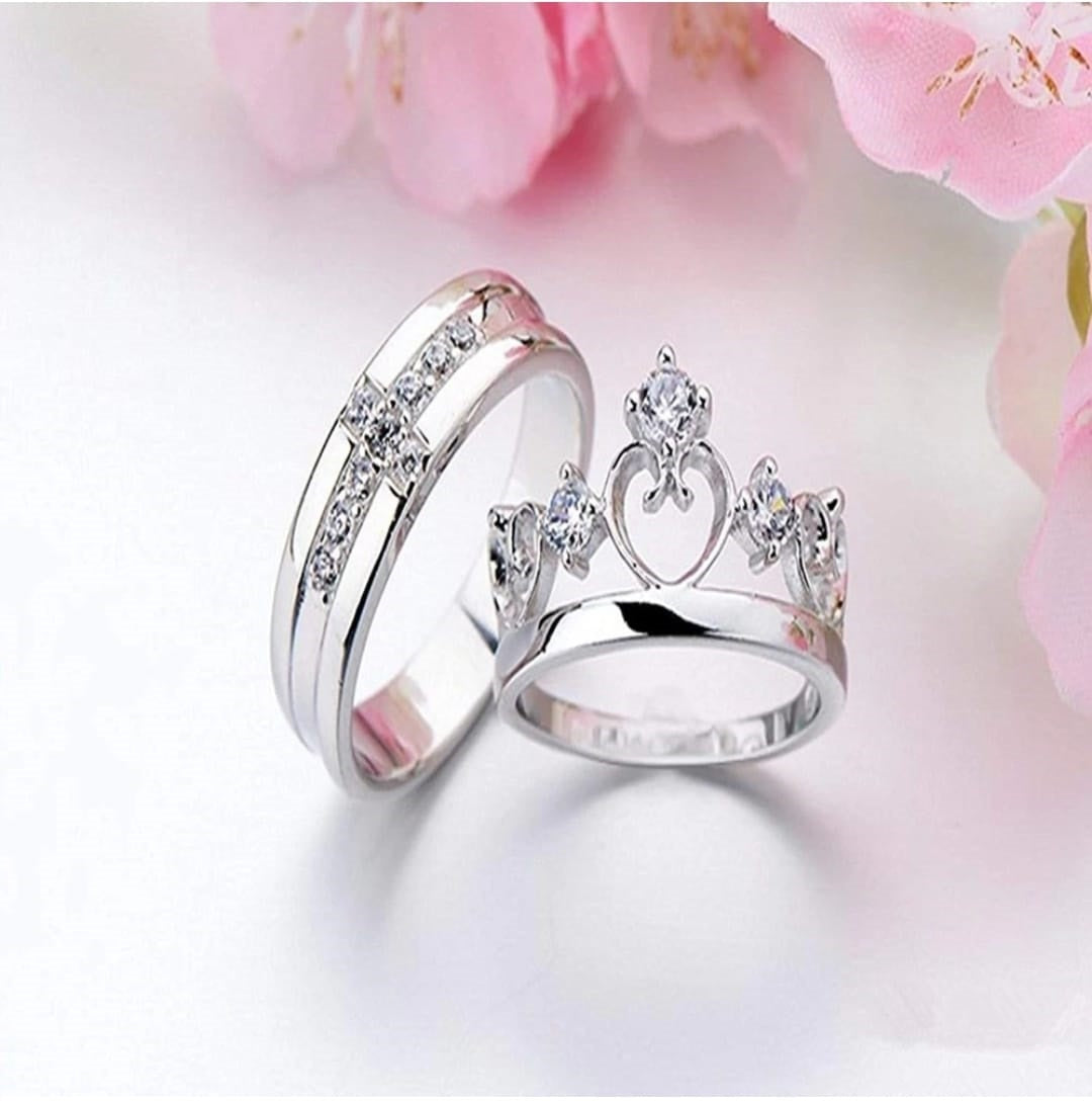 CZ Stones Studded Stainless Steel Adjustable Size Couple Ring Set