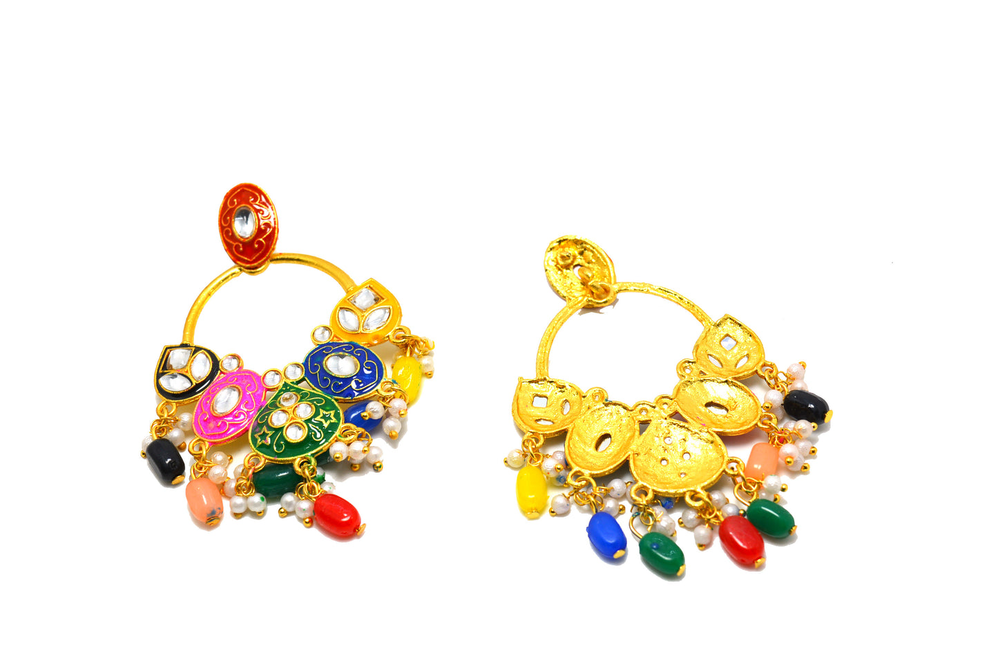 Premium Multicolored Meena Style Hand Painted Stones Studded Jhumka Push Plugs Earrings