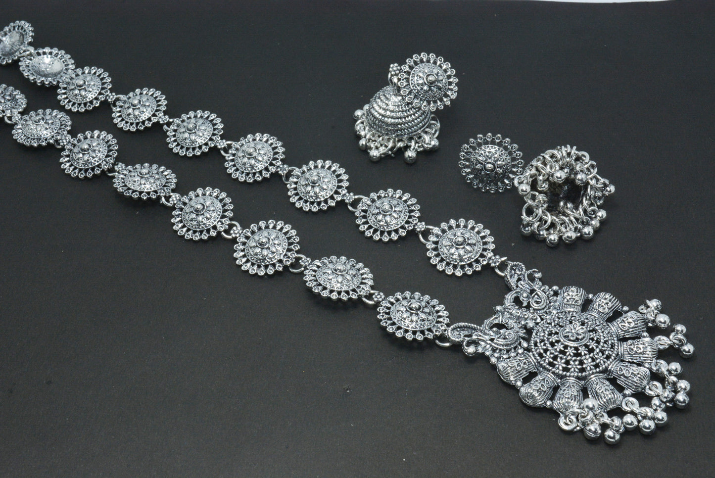 Oxidised Long Peacock Necklace Choker Set With Jhumka Earrings