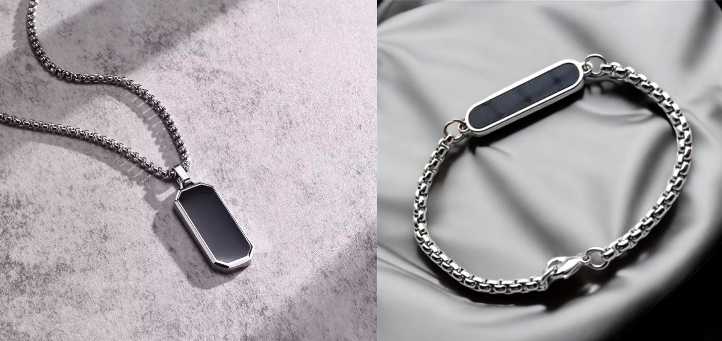 Combo of Minimal Black Glass Cut Bracelet and Necklace Pendent Chain