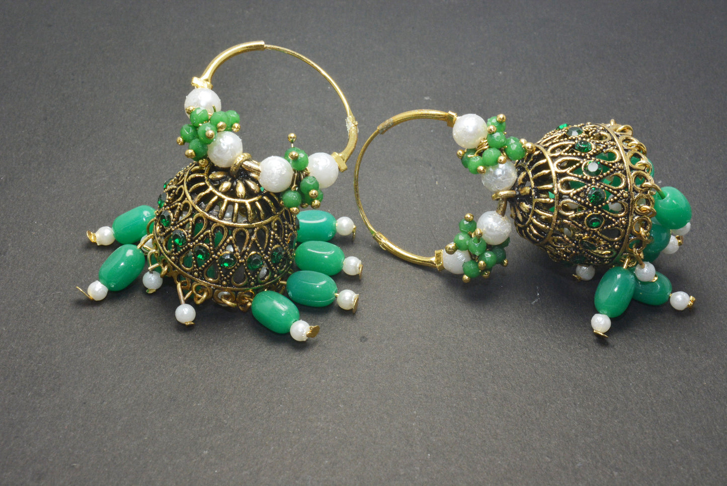Premium Stones Studded Beads Hangings Hoop Jhumka Earrings