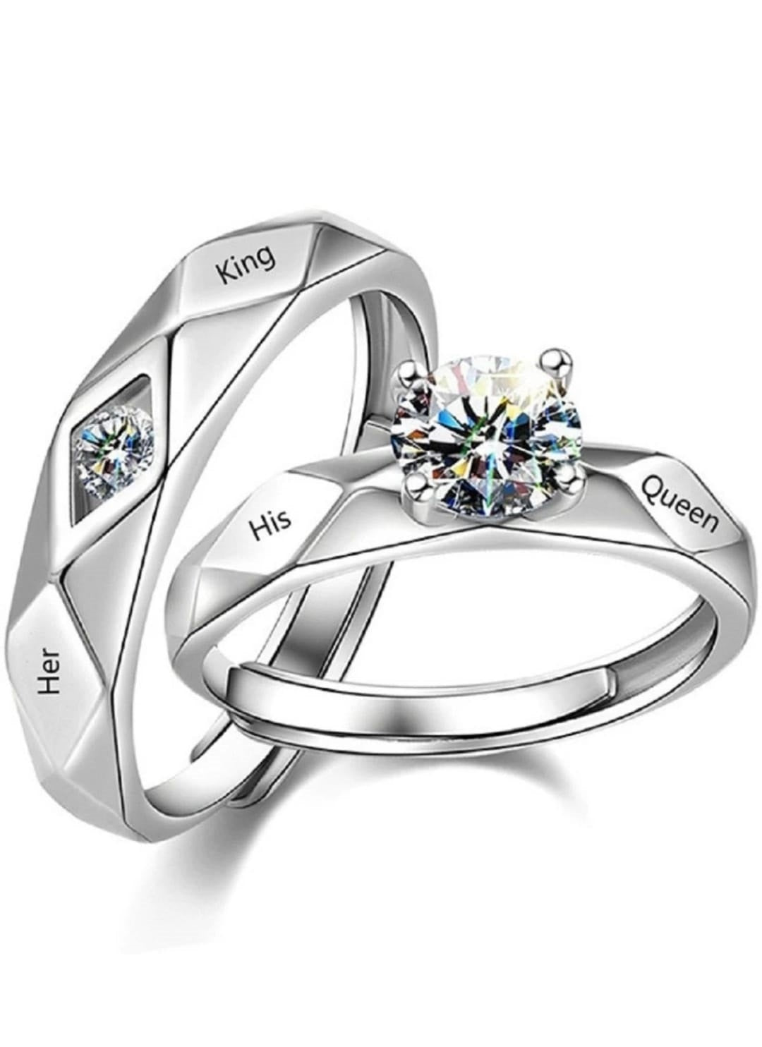CZ Stones Studded Stainless Steel Adjustable Size Couple Ring Set