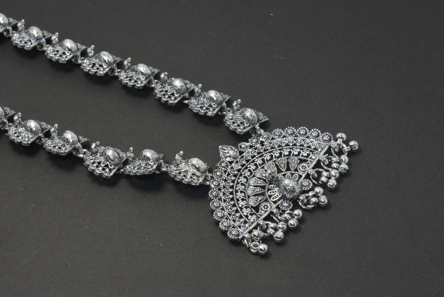 Oxidised Long Peacock Necklace Choker Set With Earrings