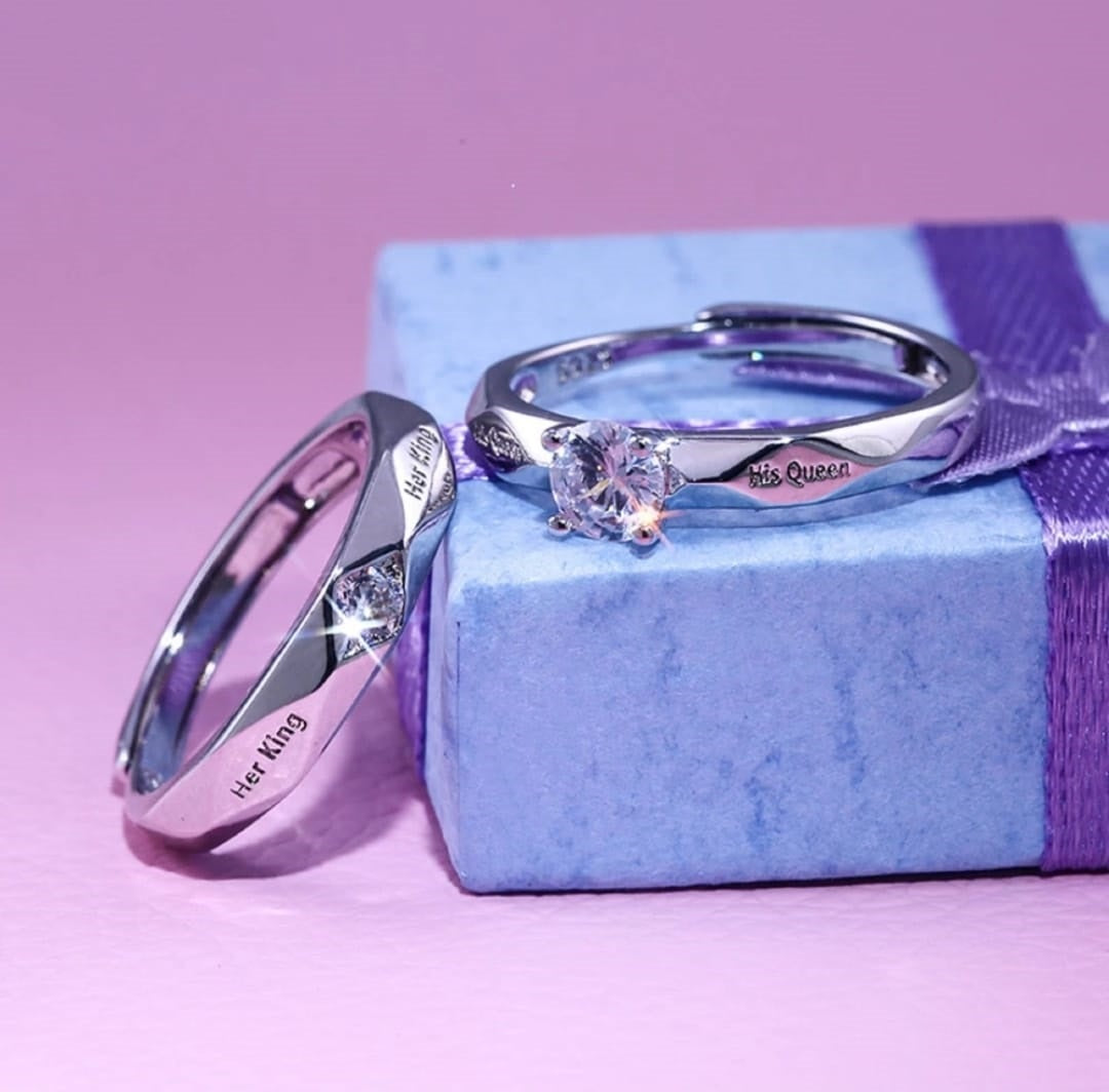 CZ Stones Studded Stainless Steel Adjustable Size Couple Ring Set
