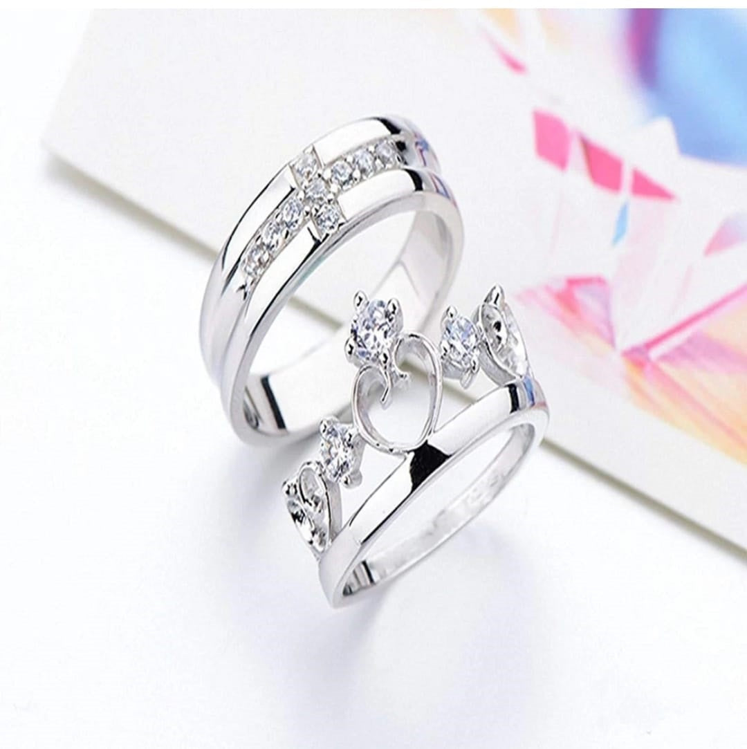 CZ Stones Studded Stainless Steel Adjustable Size Couple Ring Set