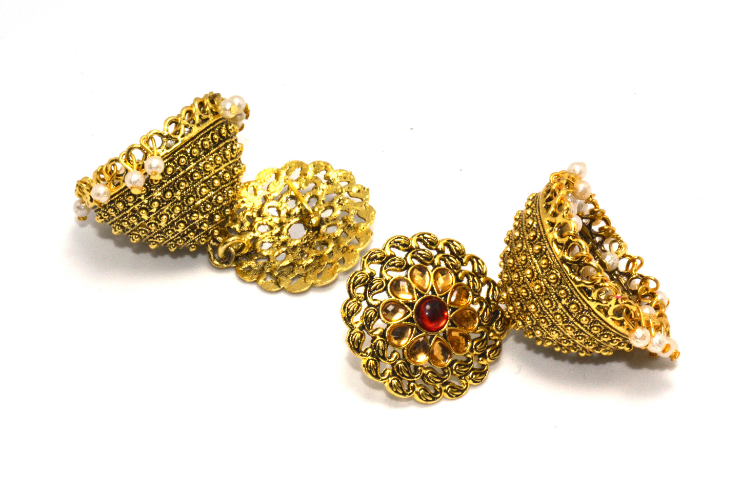 Stones Studded Dome Style Golden Jhumki Drop Push Plugs Earrings