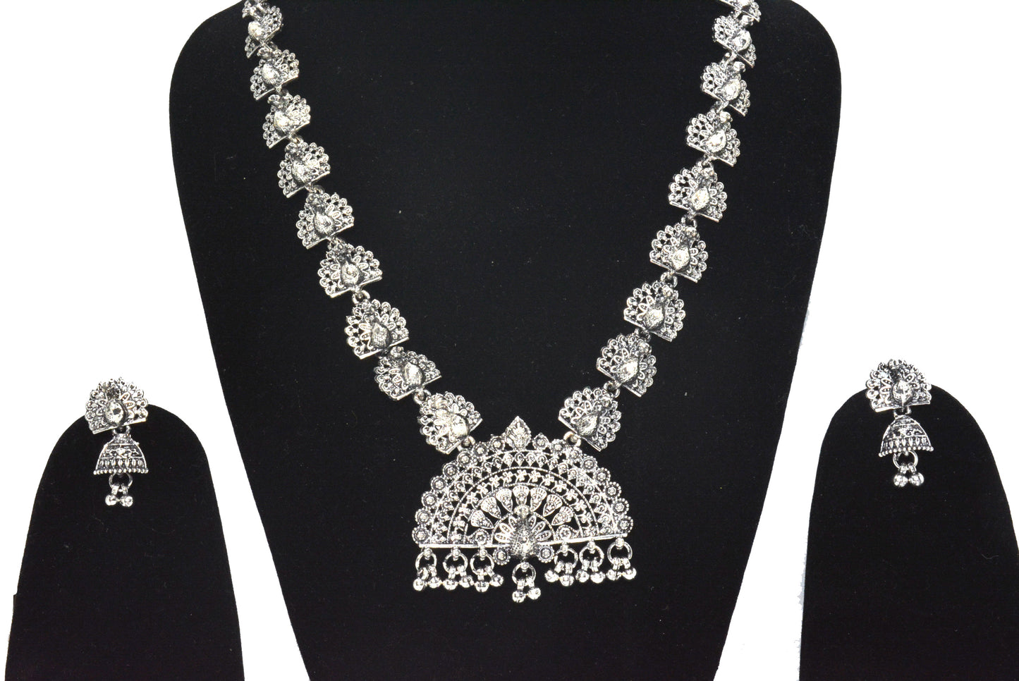 Oxidised Long Peacock Necklace Choker Set With Earrings