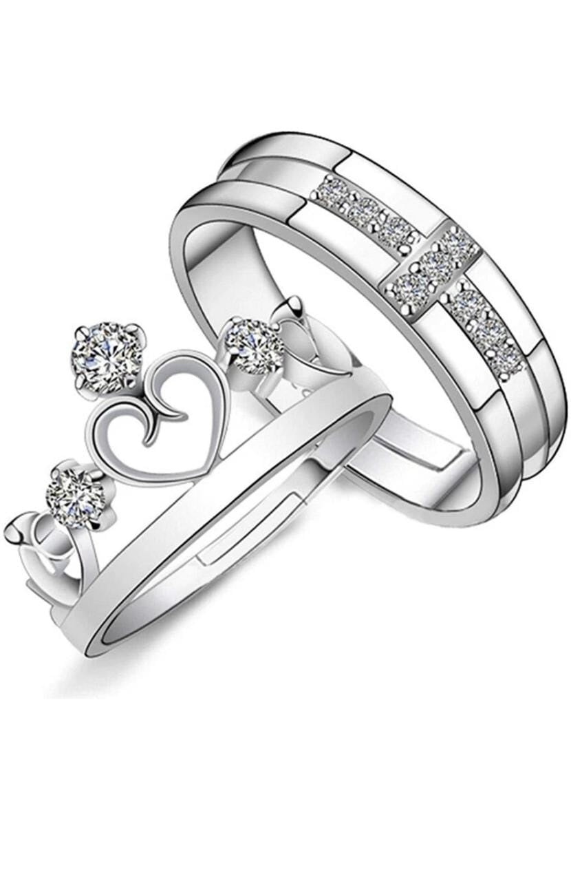 CZ Stones Studded Stainless Steel Adjustable Size Couple Ring Set