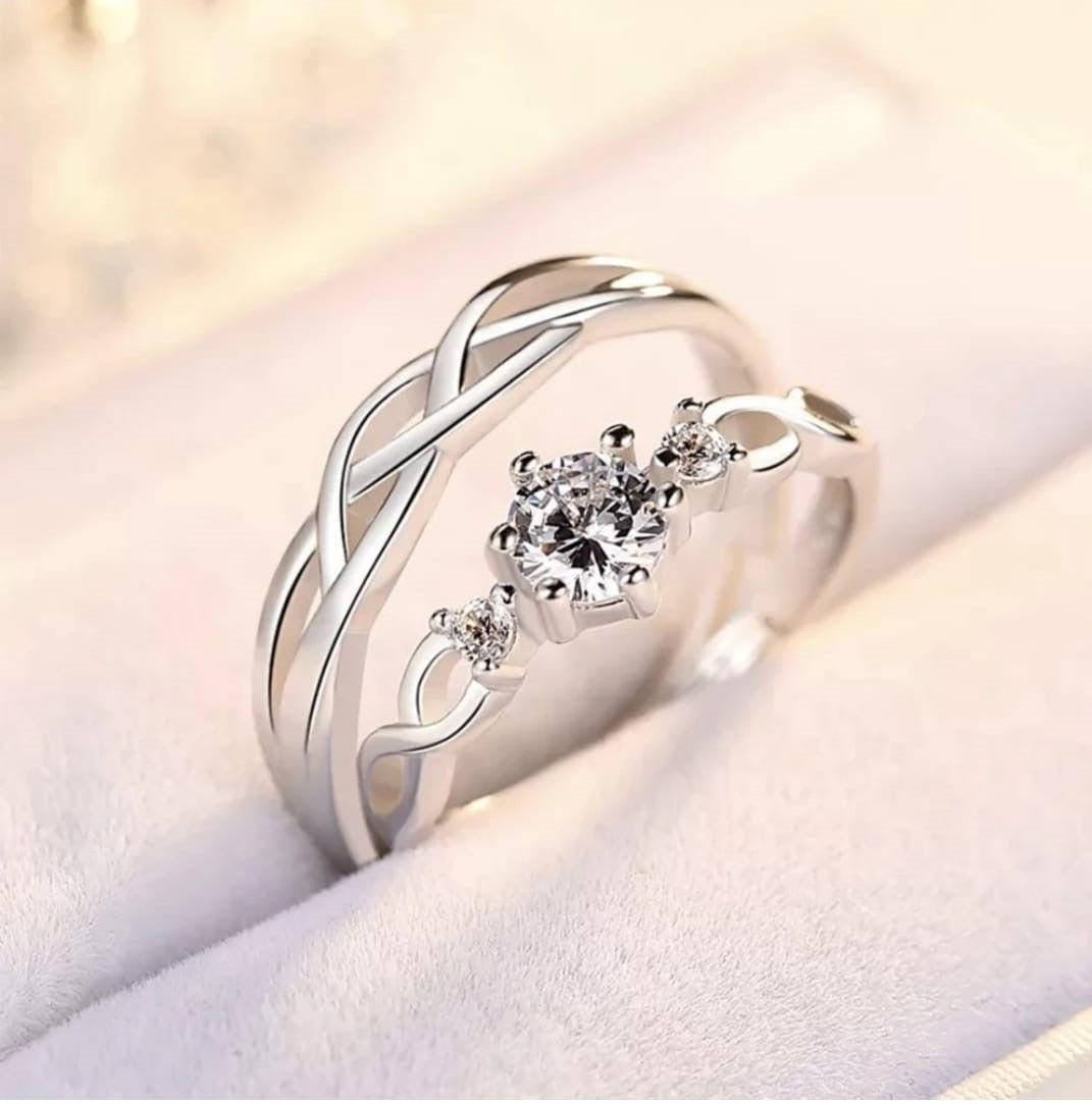 CZ Stones Studded Stainless Steel Adjustable Size Couple Ring Set