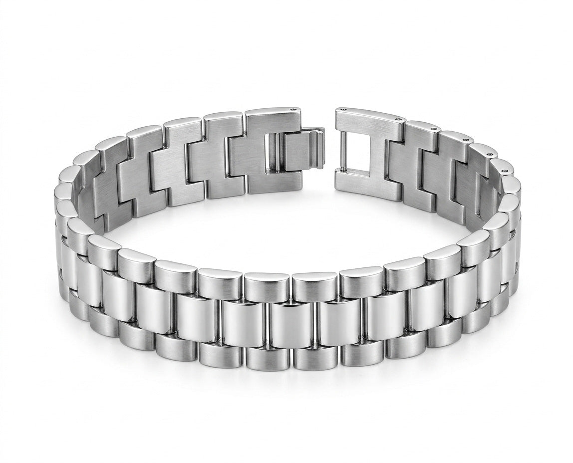 Men's Stainless Steel Link Bracelet | Silver Tone Metal Chain Bracelet with Folding Clasp