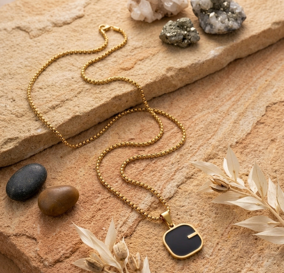 Gold Plated Black Pendant Necklace – Minimal Stainless Steel Chain (Unisex)