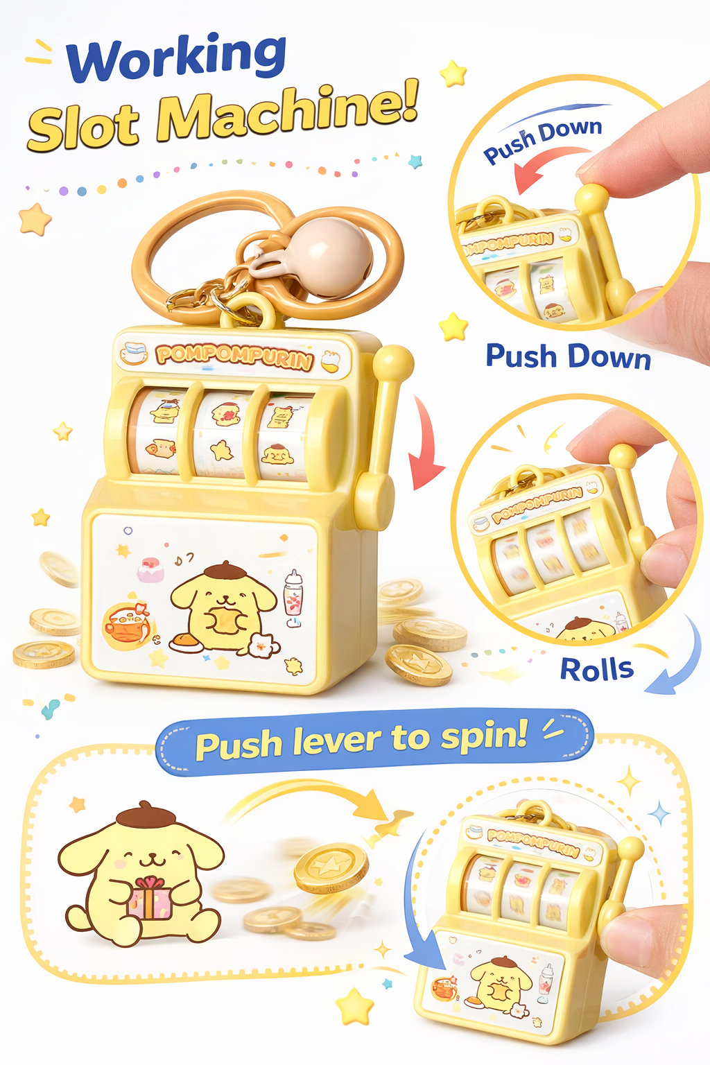 Cute Mini Slot Machine Keychain Toy – Push Lever Rolling Spinner Keyring for Kids & Girls | Random Colors |