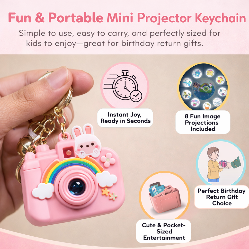 Mini Toy Camera Keychain with Vibrant Cartoon Projection | Cute Multi-Character Pocket Projector Fun Accessory | Random Colors and Characters