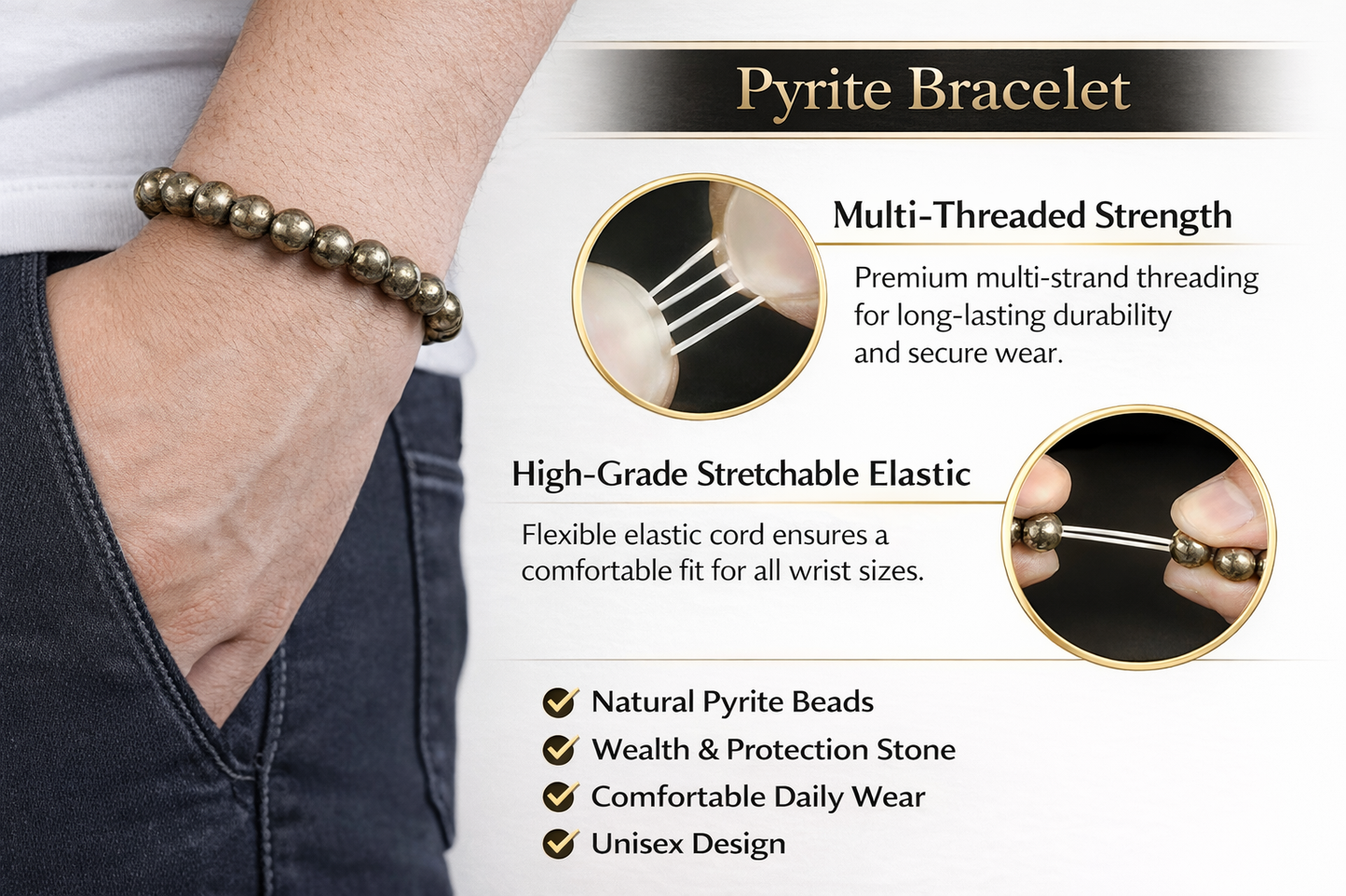 Natural Pyrite Bracelet for Wealth, Luck & Protection – Money Magnet Healing Crystal Bracelet for Men & Women