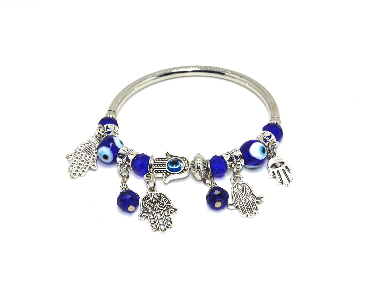 Multiple Charm Hangings Hamsa Hand Blue Evil Eye Elasticated Adjustable Bracelet