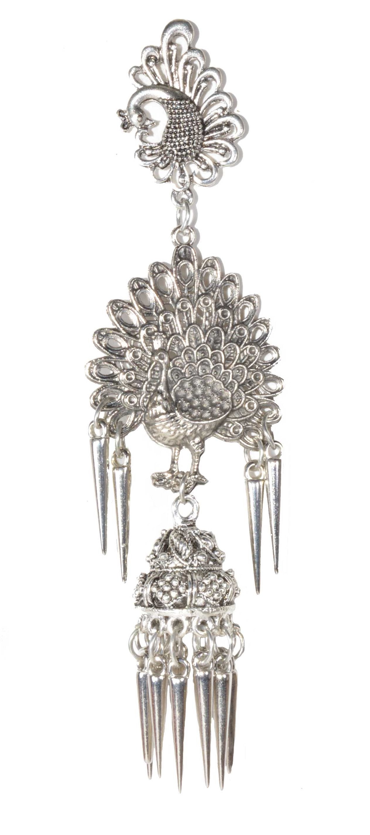 Oxidised Silver Heavy Peacock Style Push Plugs Long Earrings