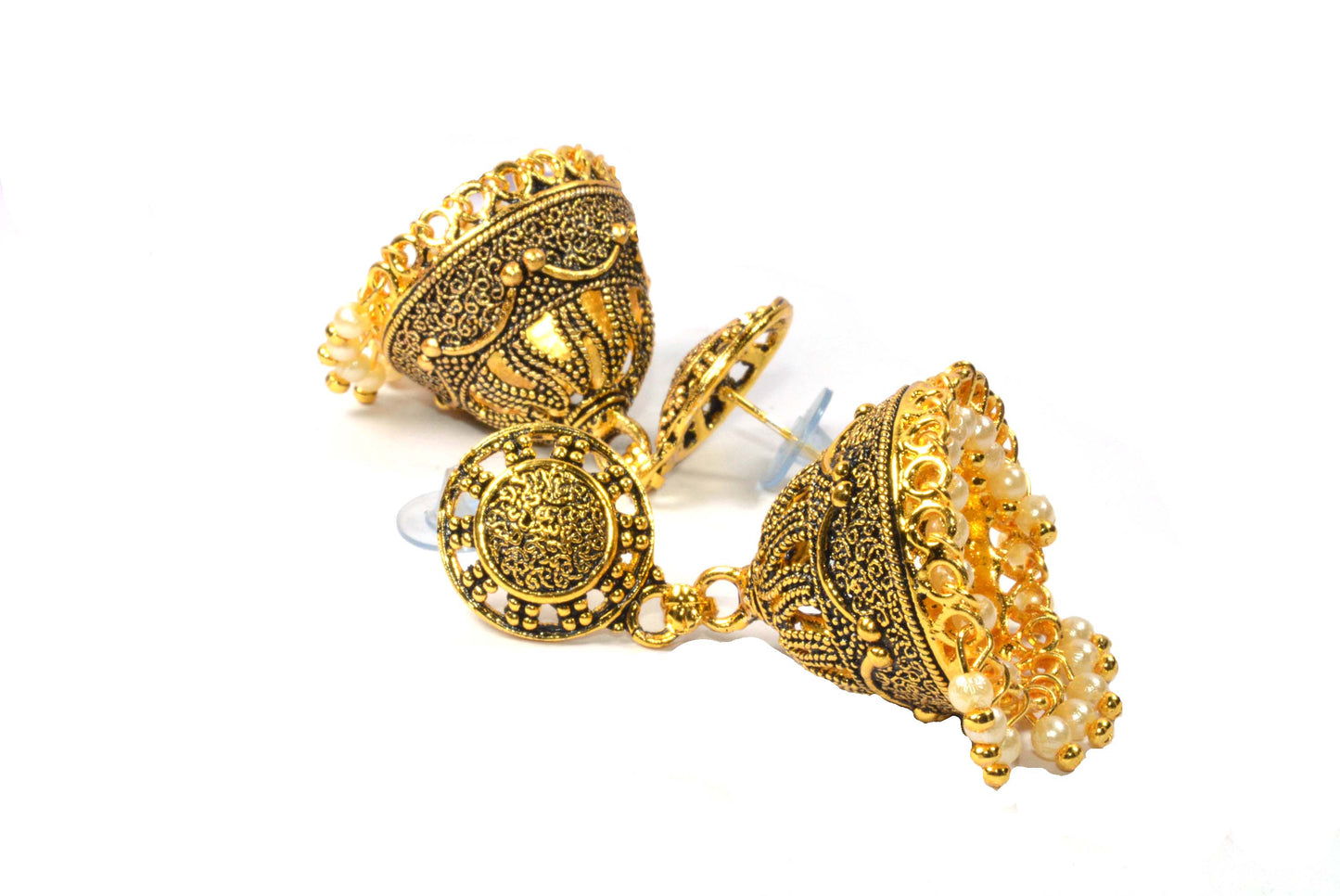 Multiple Pearl Hangings Golden Dome Style Jhumka Push Plugs Earrings