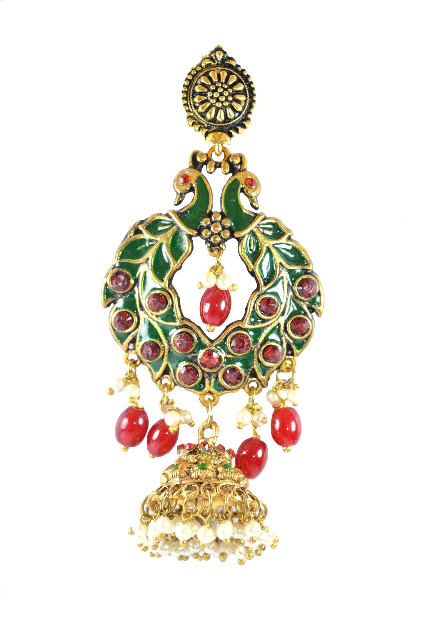 Heavy Stones Studded Peacock Style Golden Meena Jhumki Drop Earrings