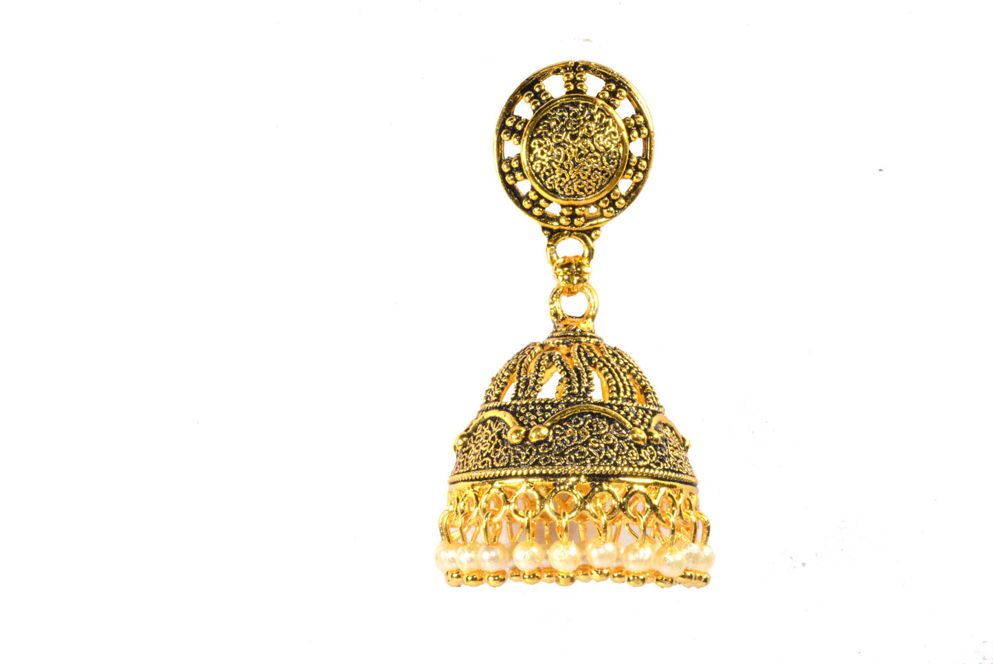 Multiple Pearl Hangings Golden Dome Style Jhumka Push Plugs Earrings