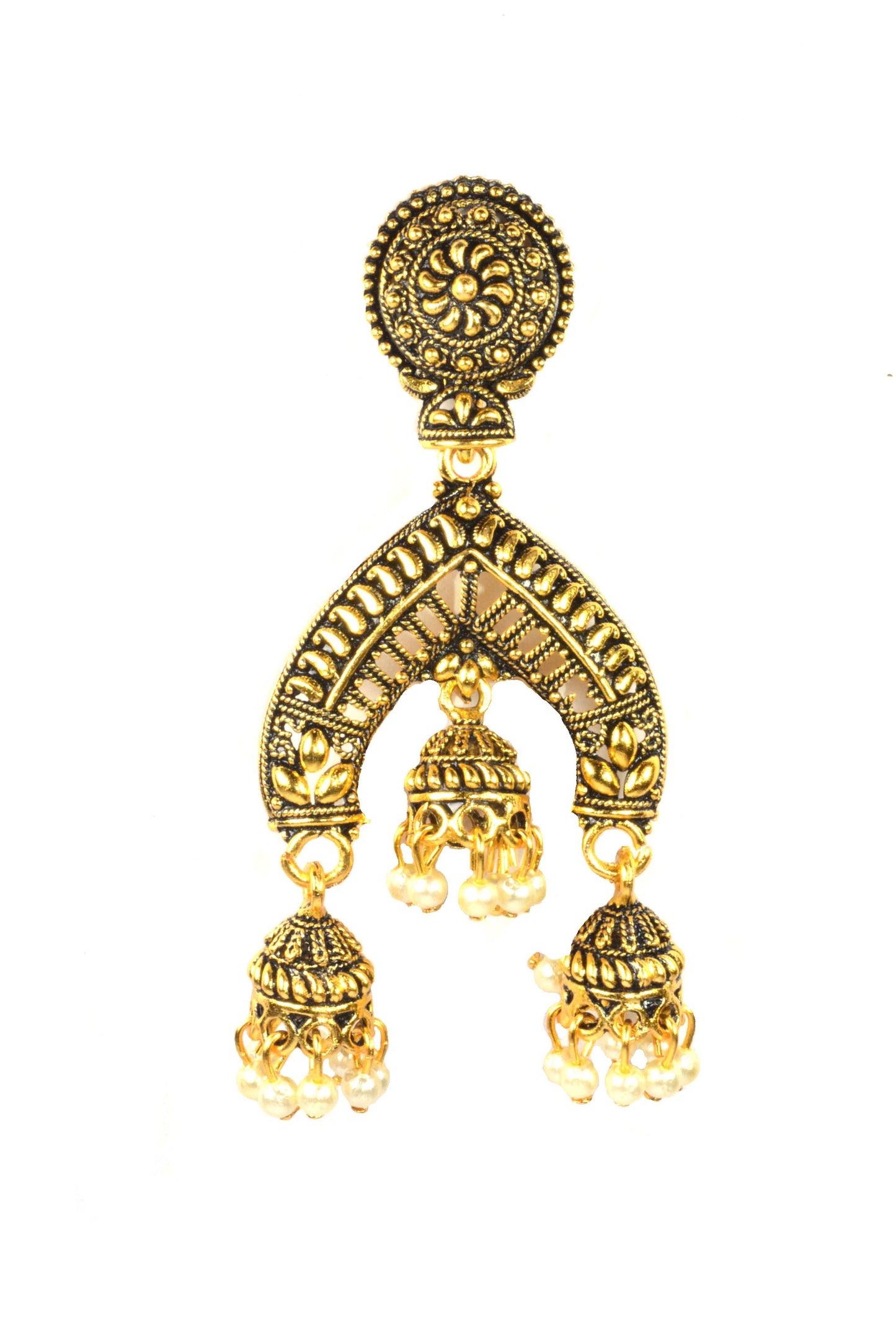 Golden Multiple Hangings Pearl Style Drop Jhumka Push Plugs Earrings