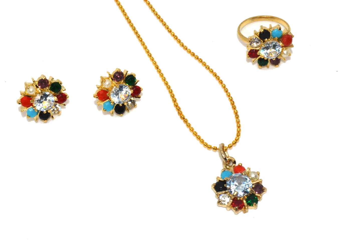 Elegant Navratan Multi-Stone Floral Jewelry Set - Necklace, Earrings & Ring Set
