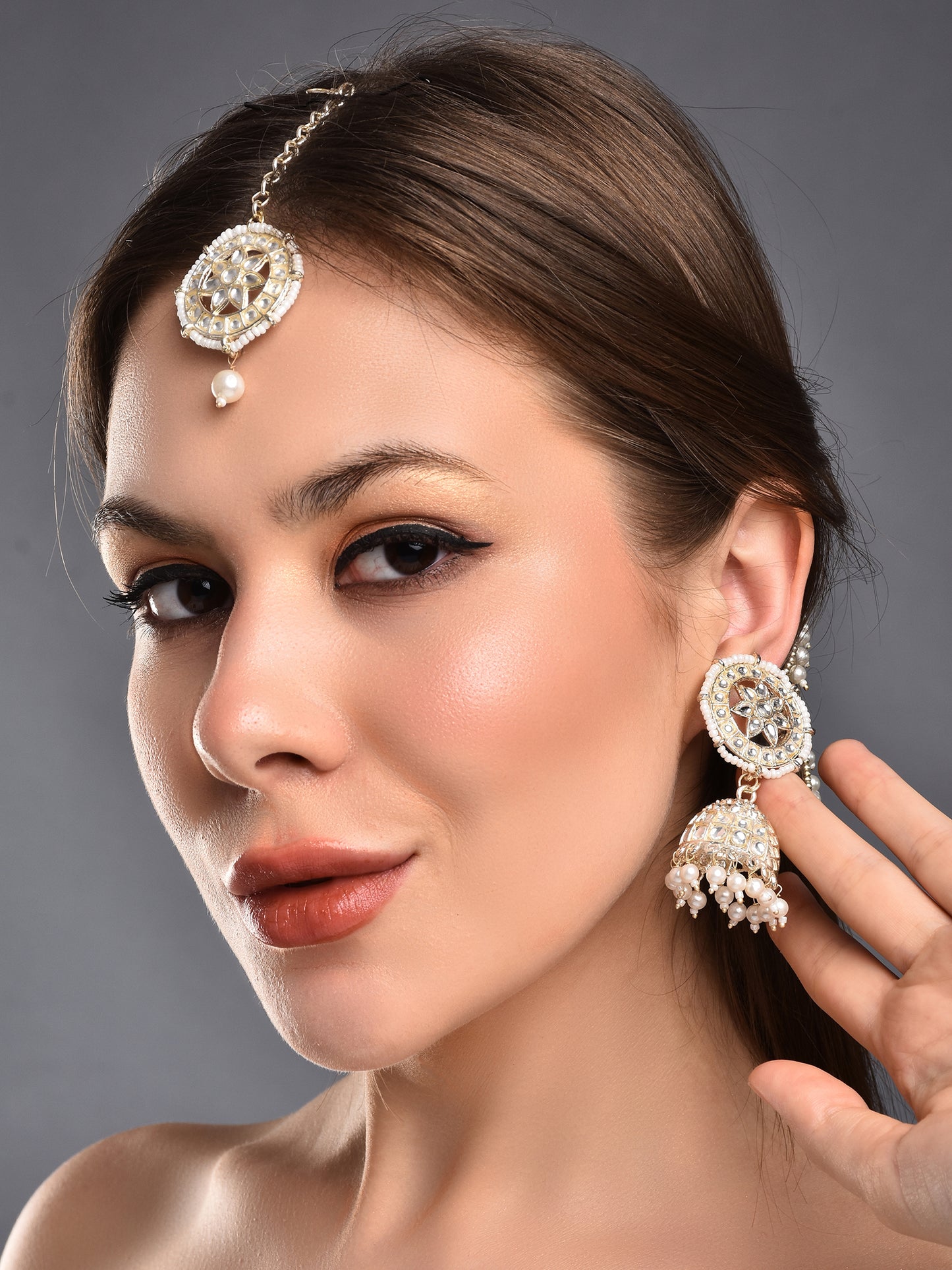 Elegant Kundan & Pearl Jhumka Bahubali Earrings Set with Maang Tikka - Traditional Bridal Jewelry for Festive Occasions
