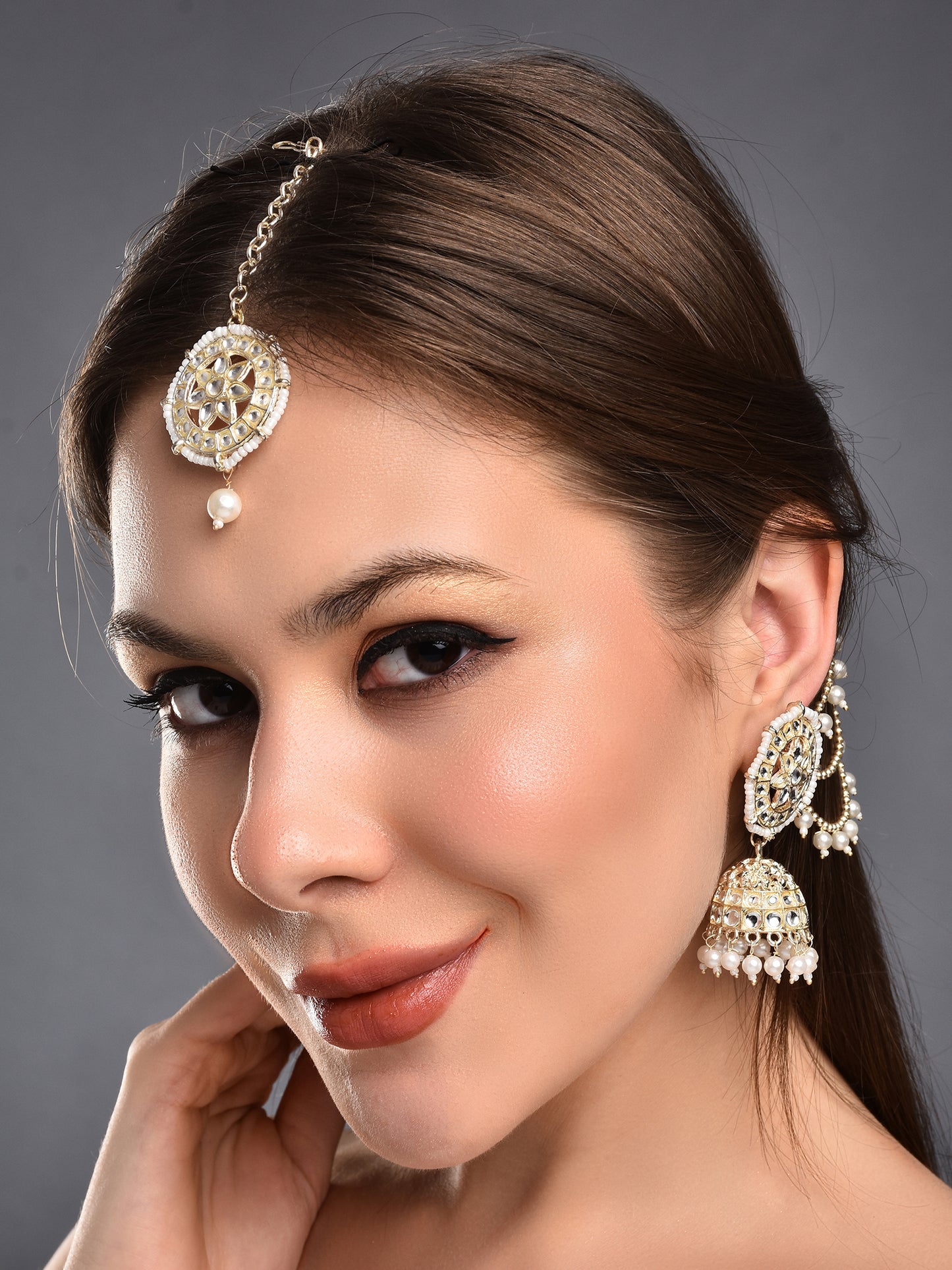 Elegant Kundan & Pearl Jhumka Bahubali Earrings Set with Maang Tikka - Traditional Bridal Jewelry for Festive Occasions