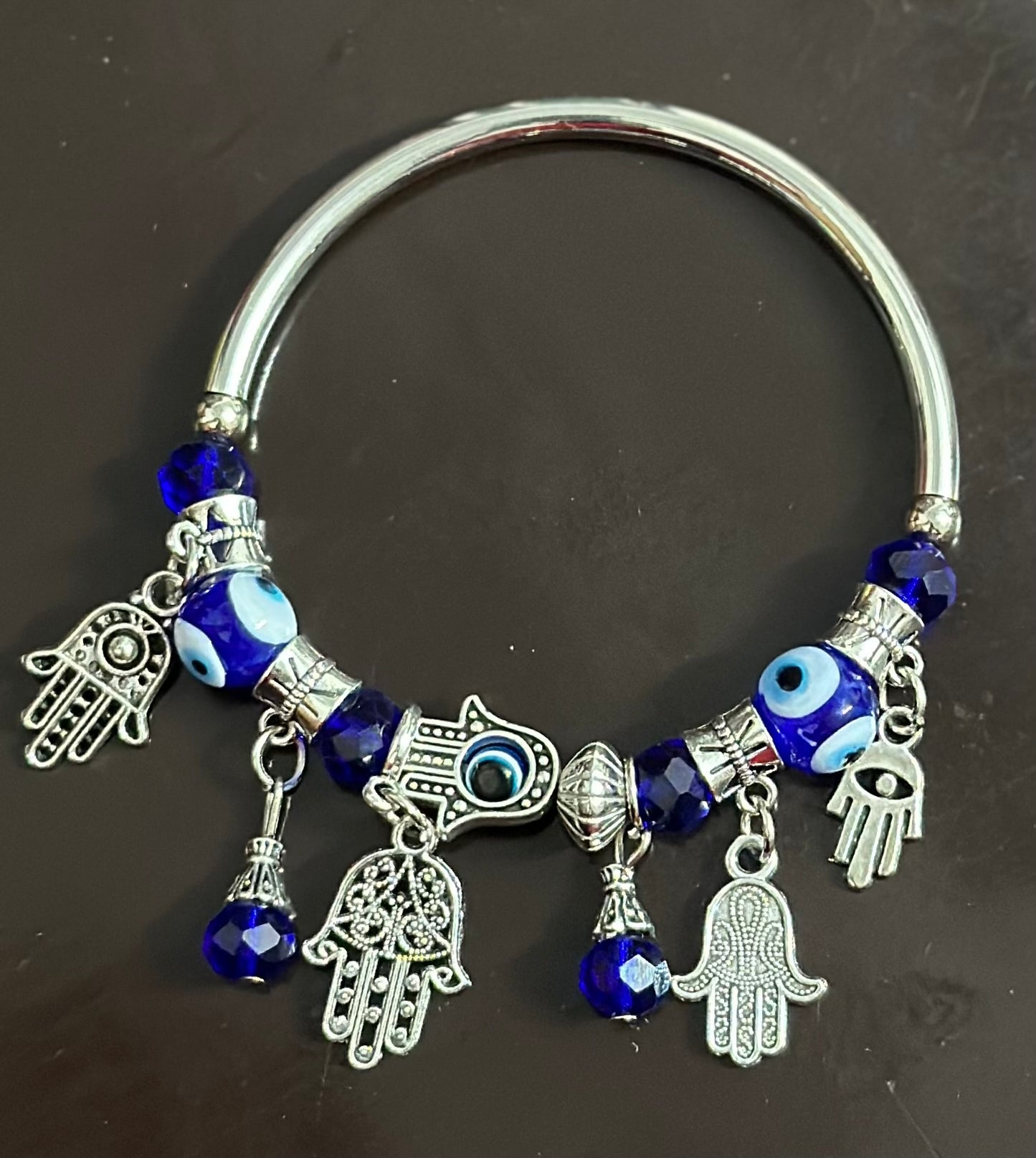 Multiple Charm Hangings Hamsa Hand Blue Evil Eye Elasticated Adjustable Bracelet