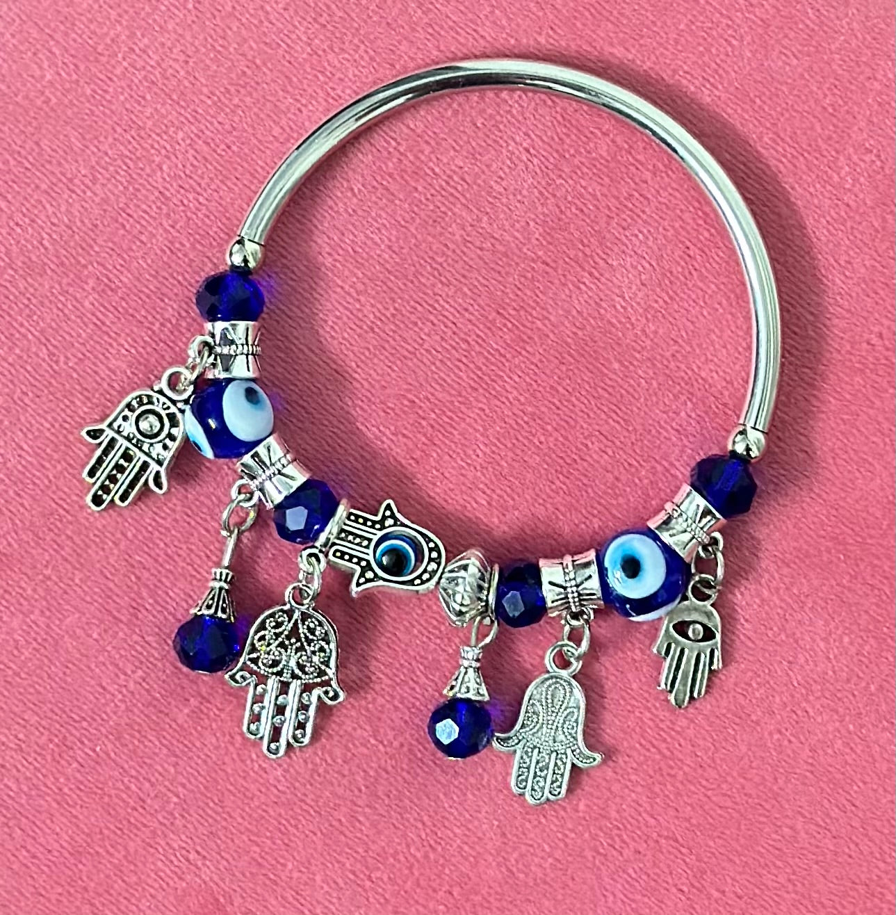 Multiple Charm Hangings Hamsa Hand Blue Evil Eye Elasticated Adjustable Bracelet