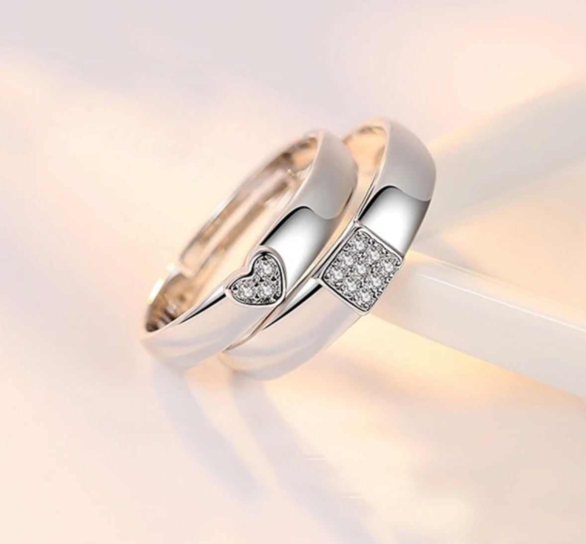 CZ Stones Studded Stainless Steel Adjustable Size Couple Ring Set