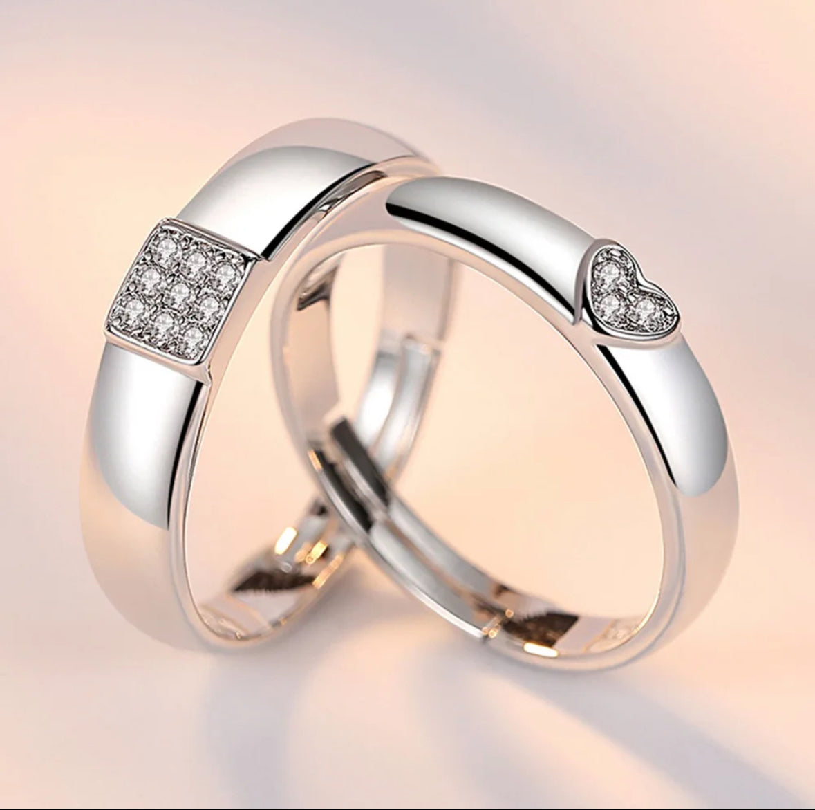 CZ Stones Studded Stainless Steel Adjustable Size Couple Ring Set