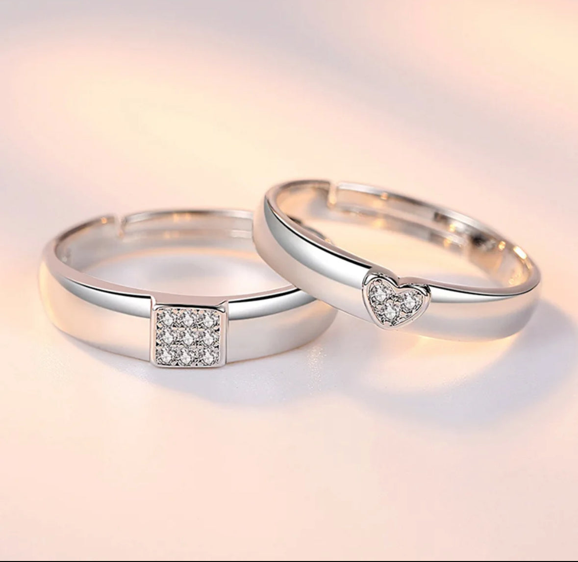 CZ Stones Studded Stainless Steel Adjustable Size Couple Ring Set