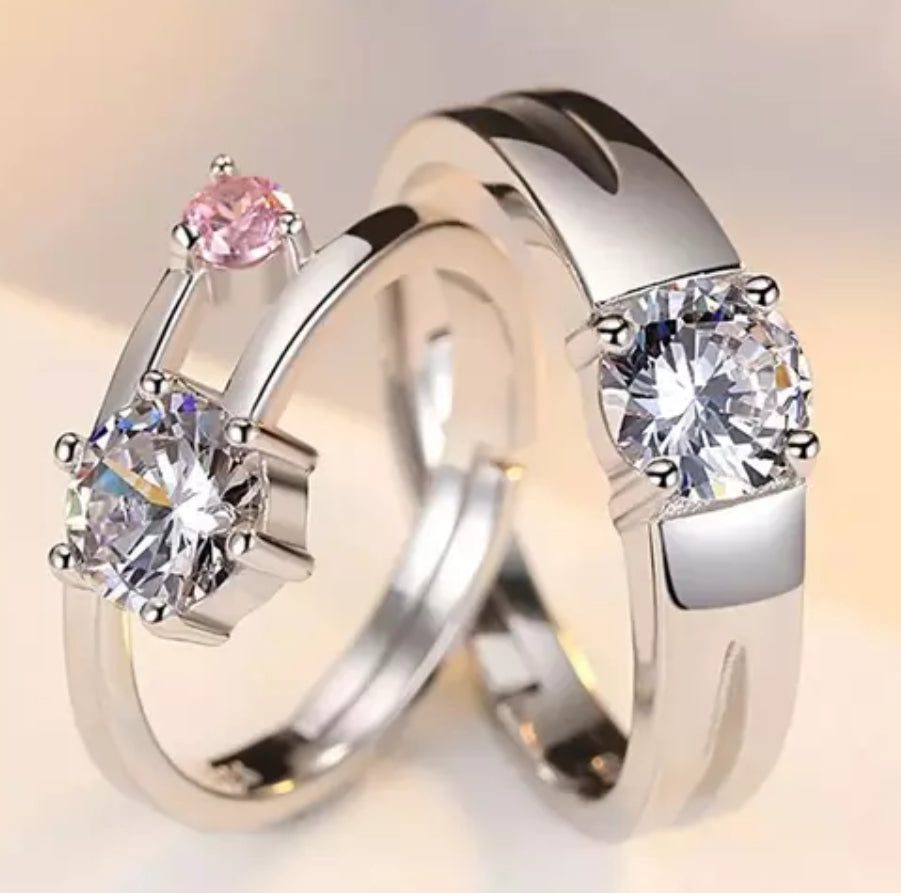 CZ Stones Studded Stainless Steel Adjustable Size Couple Ring Set