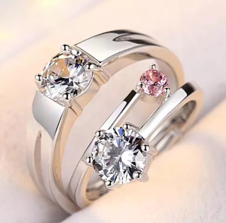 CZ Stones Studded Stainless Steel Adjustable Size Couple Ring Set