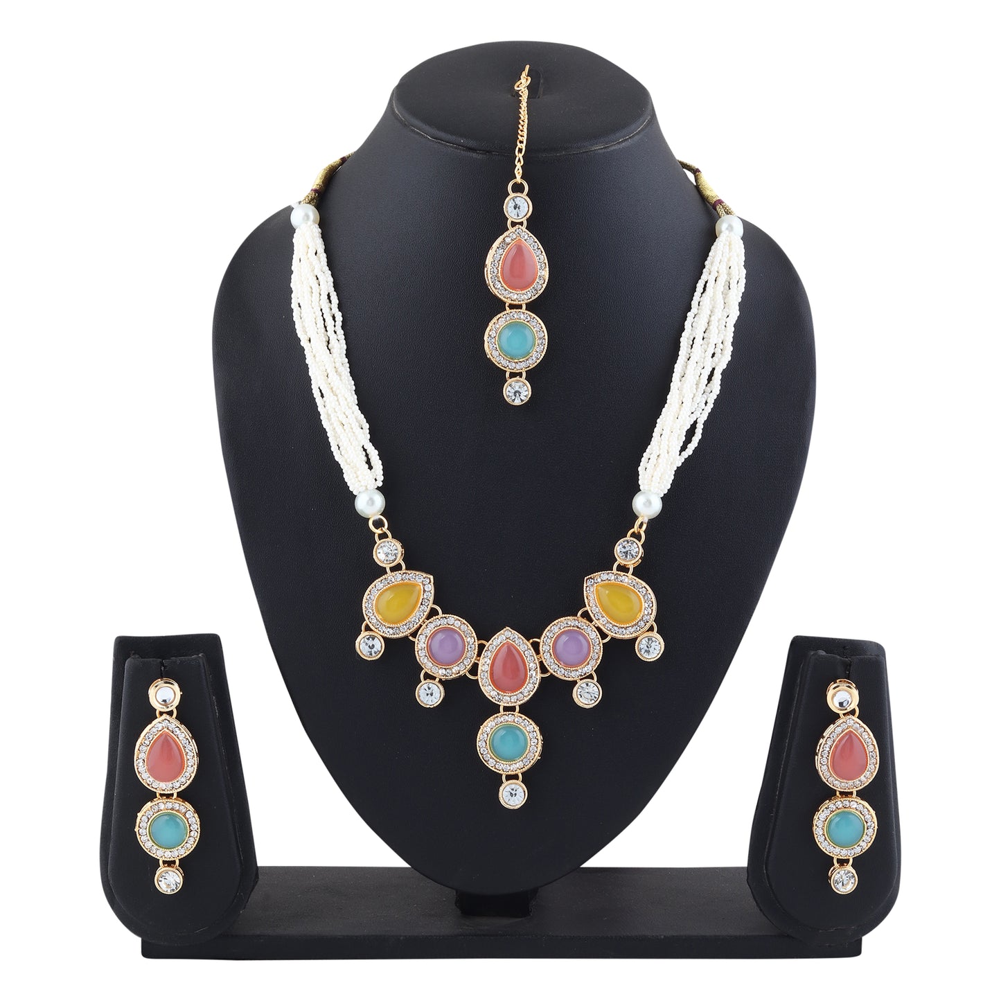 Multicolor Kundan Necklace and Earring Set With Pearl Mala – Traditional Indian Jewelry for Women